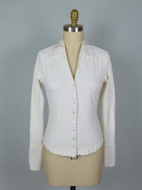 RAYURE PARIS WHITE TEXTURED STRETCH BUTTON UP BLOUSE